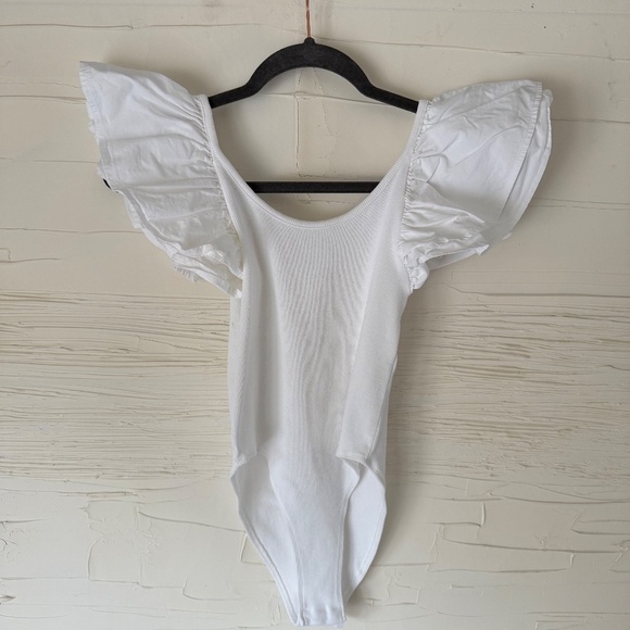 Zara S | White Ribbed Bodysuit with Double Ruffle Sleeves - Picture 6 of 6